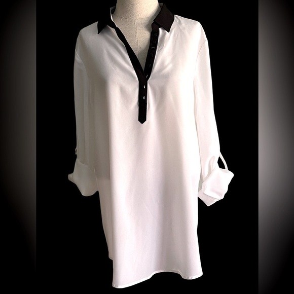 Kenneth Cole Reaction Women’s White Blouse w/ Black Trim & Roll Sleeves - Large - Picture 1 of 12
